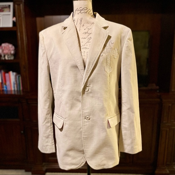 Franky Max Men’s Blazer 💯% Cotton Embroidery Rhinestones Size M Beige - Picture 1 of 7